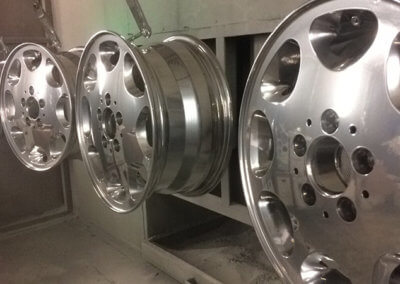 A set of mag wheels in silver shiny finish powder coated by Tallaght Powder Coating Ltd.