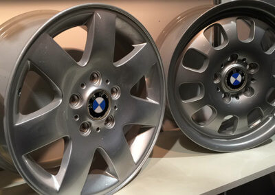BMW Alloy Wheels powder coated in metallic silver finish by Tallaght Powder Coating