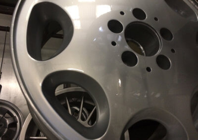 Alloy wheels in metallic silver painted by Tallaght Powder Coating