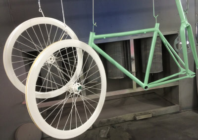 Bicycle wheels and chassis newly coated by Tallaght Powder Coating Ltd.