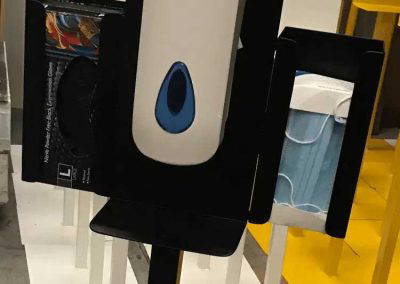 Black powder coated hand sanitiser stand with dispenser and holders, manufactured by Tallaght Powder Coating
